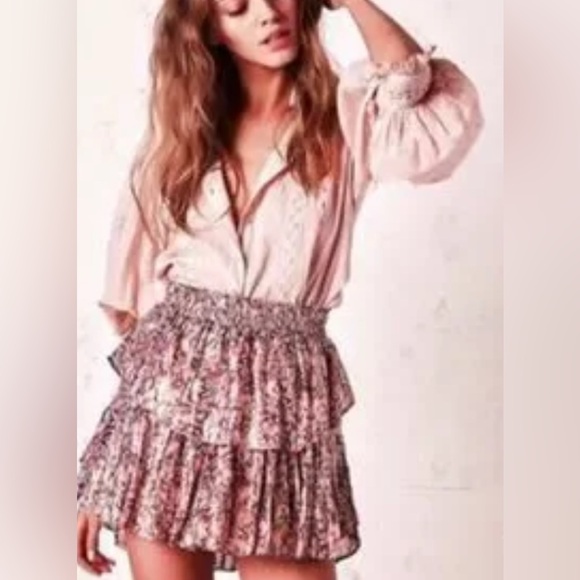 LoveShackFancy Silk Pomegranate Floral Metallic Skirt - Picture 2 of 14